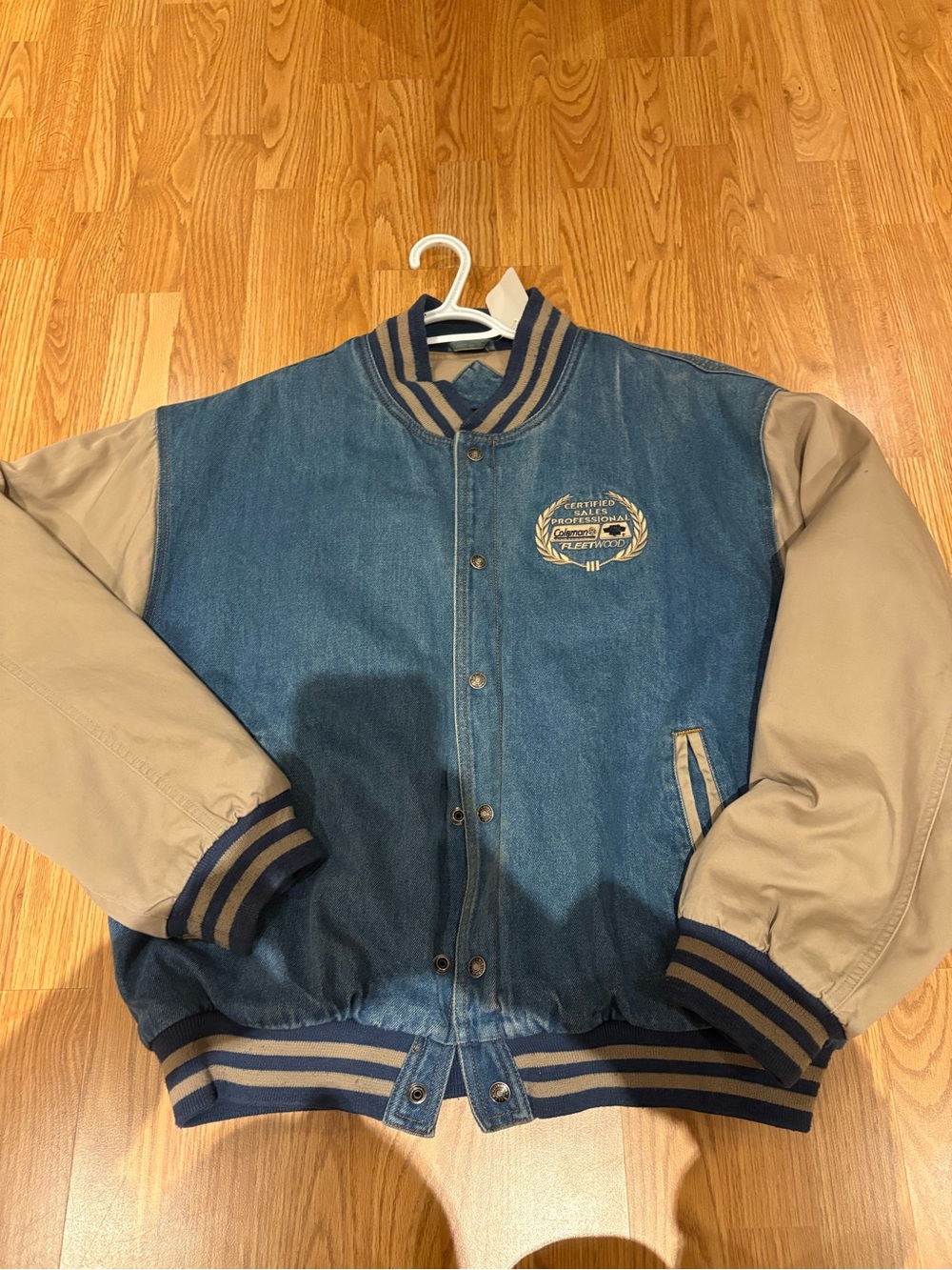 Men's Blue Denim and Tan Varsity Jacket